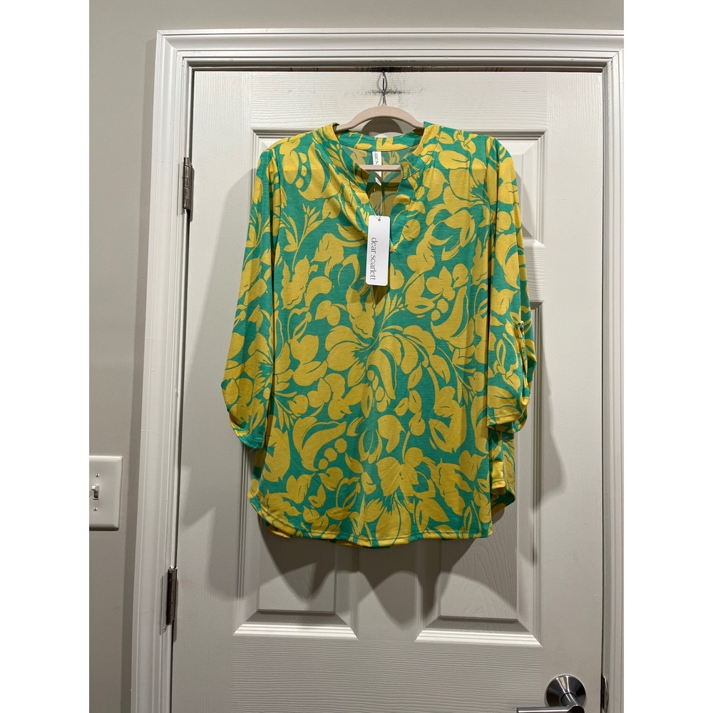 Dear Scarlett Teal Yellow Floral Roll Tab Sleeve Blouse‎ Large NEW